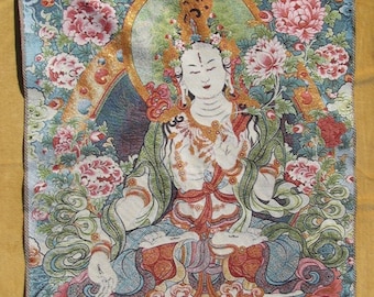 White Tara - Very Large Tibetan Thanka silk cloth embroidery.