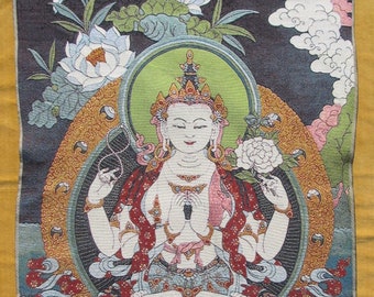Avalokitesvara - Very Large Tibetan Thanka silk cloth machine embroidery.