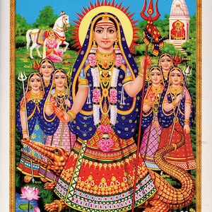 May include: A colourful illustration features a central female figure in blue and red clothing, holding a trident. Other figures, a crocodile, and a temple are in the background. The image has a gold border and text at the bottom.