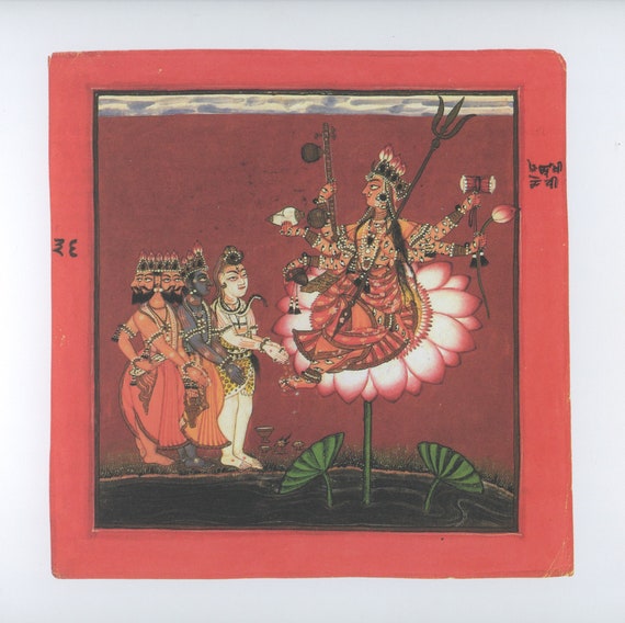 神々に崇拝されるインドラクシ…インドのヴィンテージ絵画の現代的な