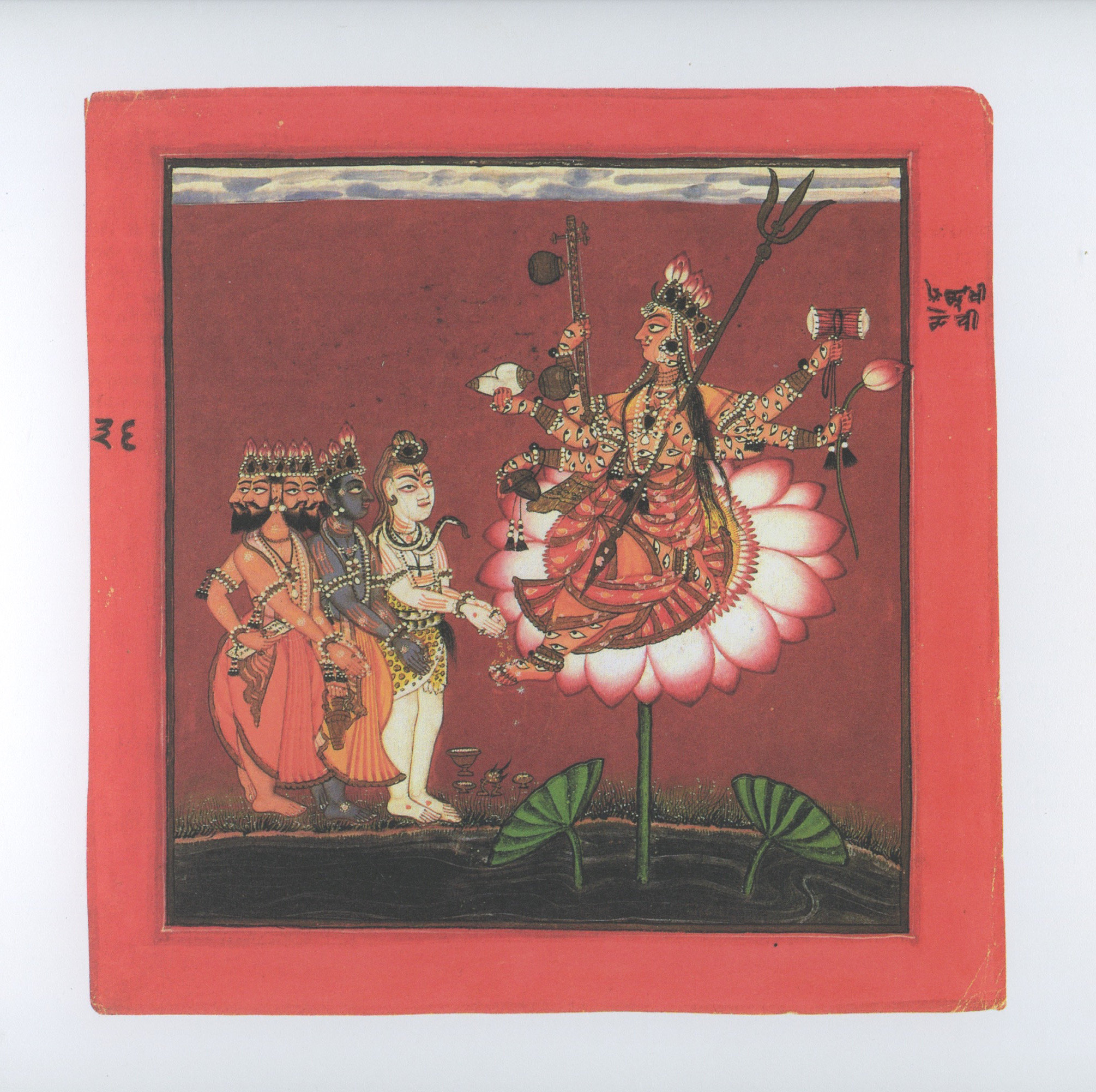 神々に崇拝されるインドラクシ…インドのヴィンテージ絵画の現代的な