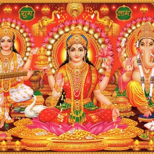 Lakshmi - Large Vintage-style Indian Hindu devotional poster print