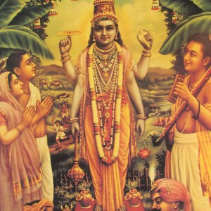 May include: A painting depicting a Hindu deity, Vishnu, standing in a yellow robe with a crown and jewelry. He is holding a conch shell and a discus. Two figures are kneeling in prayer on either side of him. The painting is set against a background of green foliage.