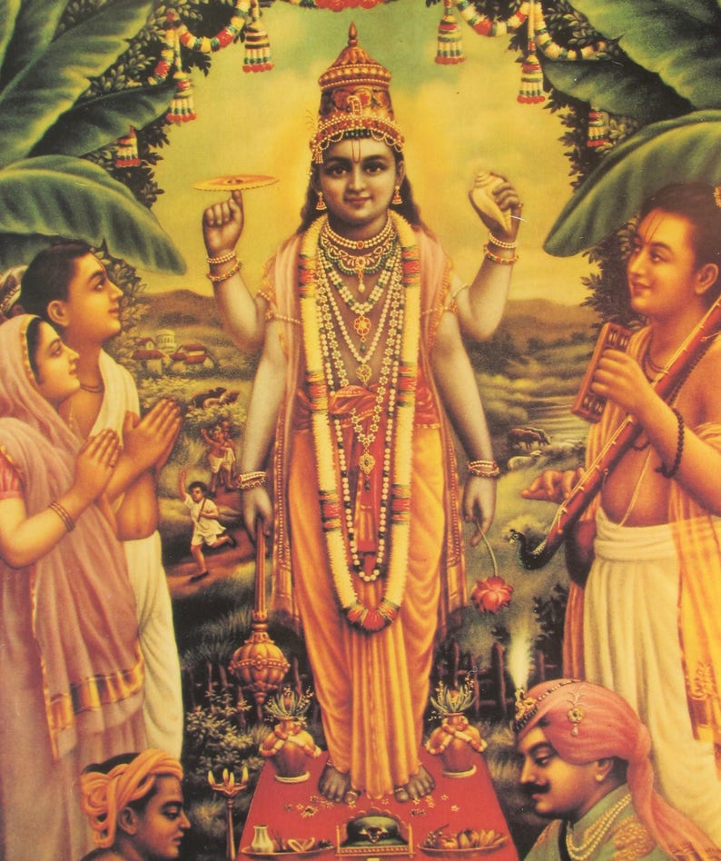 May include: A painting depicting a Hindu deity, Vishnu, standing in a yellow robe with a crown and jewelry. He is holding a conch shell and a discus. Two figures are kneeling in prayer on either side of him. The painting is set against a background of green foliage.
