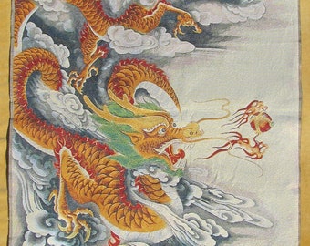 Dragon and Pearl - Very Large Tibetan silk cloth embroidery.