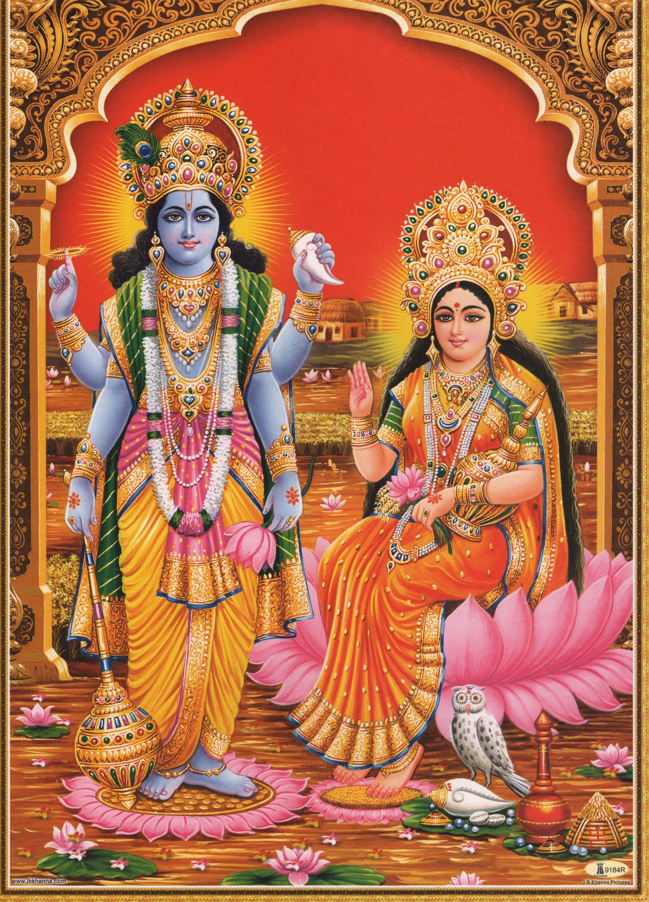 ヴィシュヌとラクシュミ - ヴィンテージスタイルの大型インド