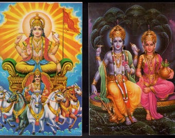 Vintage Indian Postcards x2 - Surya, Vishnu & Laxmi.