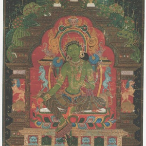 Green Tara - Contemporary print of vintage Tibetan thanka.