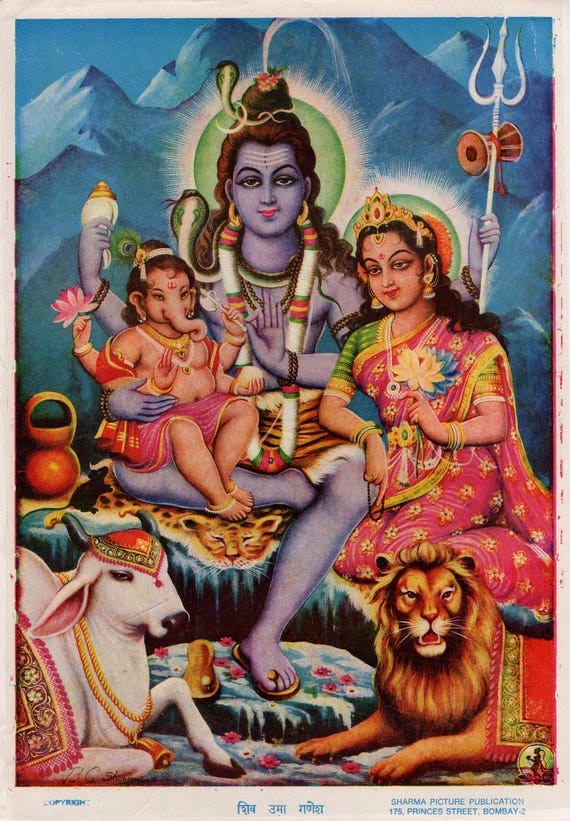 シヴァとその家族 大きなヴィンテージのインドの宗教的なプリント