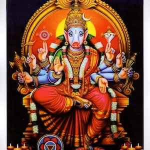 May include: A vibrant illustration of a deity with a pig's head and multiple arms, seated on a golden throne. The figure is adorned with elaborate jewelry and a crown, wearing red and orange garments. The background features a golden halo and a dark, star-filled sky.