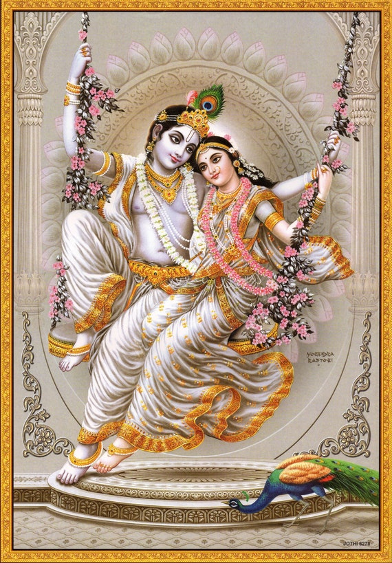 クリシュナとラダインドのヴィンテージスタイルの大きな宗教的な