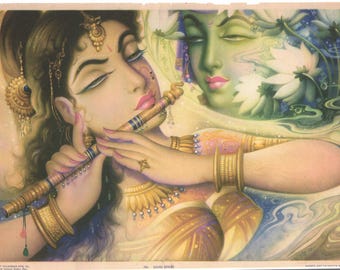 Radha Krishna... Grote eigentijdse herdruk van vintage Indiase print.