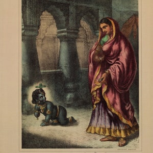 May include: A painting depicting a scene from Hindu mythology. A woman in a pink and purple sari stands in a courtyard, looking down at a young boy crawling on the ground. The boy is dressed in blue and has a green leaf on his head. The painting is titled "Yasoda & Gopal" and is signed "Copyright Reserved".