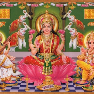 Lakshmi - Large Vintage-style Indian Hindu devotional poster print