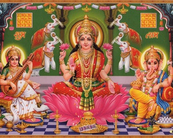 Lakshmi - Large Vintage-style Indian Hindu devotional poster print