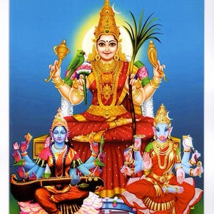 May include: A vibrant illustration of a deity seated on a throne, adorned in red and gold attire, with a halo and a crescent moon. The deity holds various objects and is flanked by two other figures, one playing a stringed instrument and the other with a pig-like face.