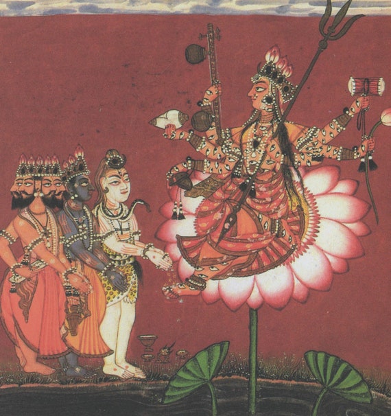 神々に崇拝されるインドラクシ…インドのヴィンテージ絵画の現代的な