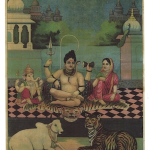 Shiva & his family ... Contemporary reprint of vintage Indian print.