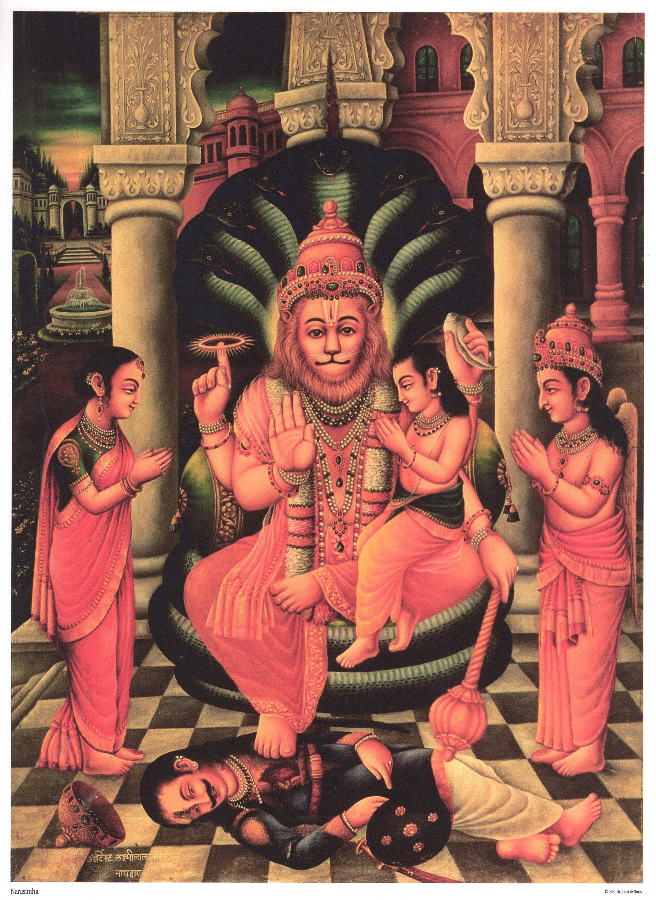 ナラシンハ、ヴィシュヌの化身…ヴィンテージ スタイルのインド版画の