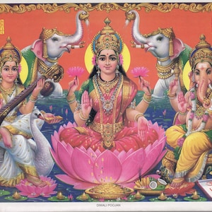 Ganesh, Lakshmi, Diwali Pooja - Large Vintage Indian Hindu devotional poster print