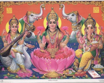 Ganesh, Lakshmi, Diwali Pooja - duży, zabytkowy indyjski plakat z hinduistycznymi nabożeństwami