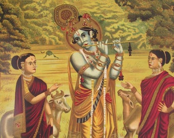 Krishna plays his flute & the Jagannath Deities - Large Vintage style Indian Hindu devotional poster print