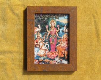 Framed 1990&#39;s Card of Lakshmi, Saraswati and Ganesh.