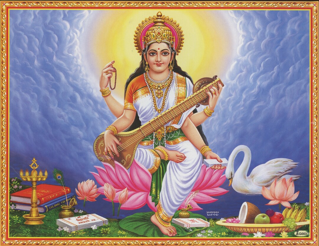 Goddess Saraswati Playing Veena in Forest · Creative Fabrica