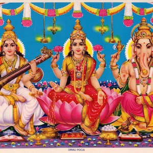 Ganesh, Lakshmi, Diwali Pooja - Large Vintage Indian Hindu devotional poster print