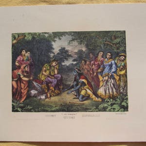 May include: A vintage illustration depicting a group of people in colourful clothing gathered around a figure seated on the ground. The scene is set in a lush forest with trees and foliage. The illustration is titled "The Mahabharata".