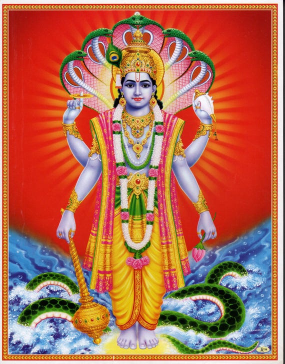 ヴィシュヌ…アンティークスタイルのインドヒンドゥー教ポスター