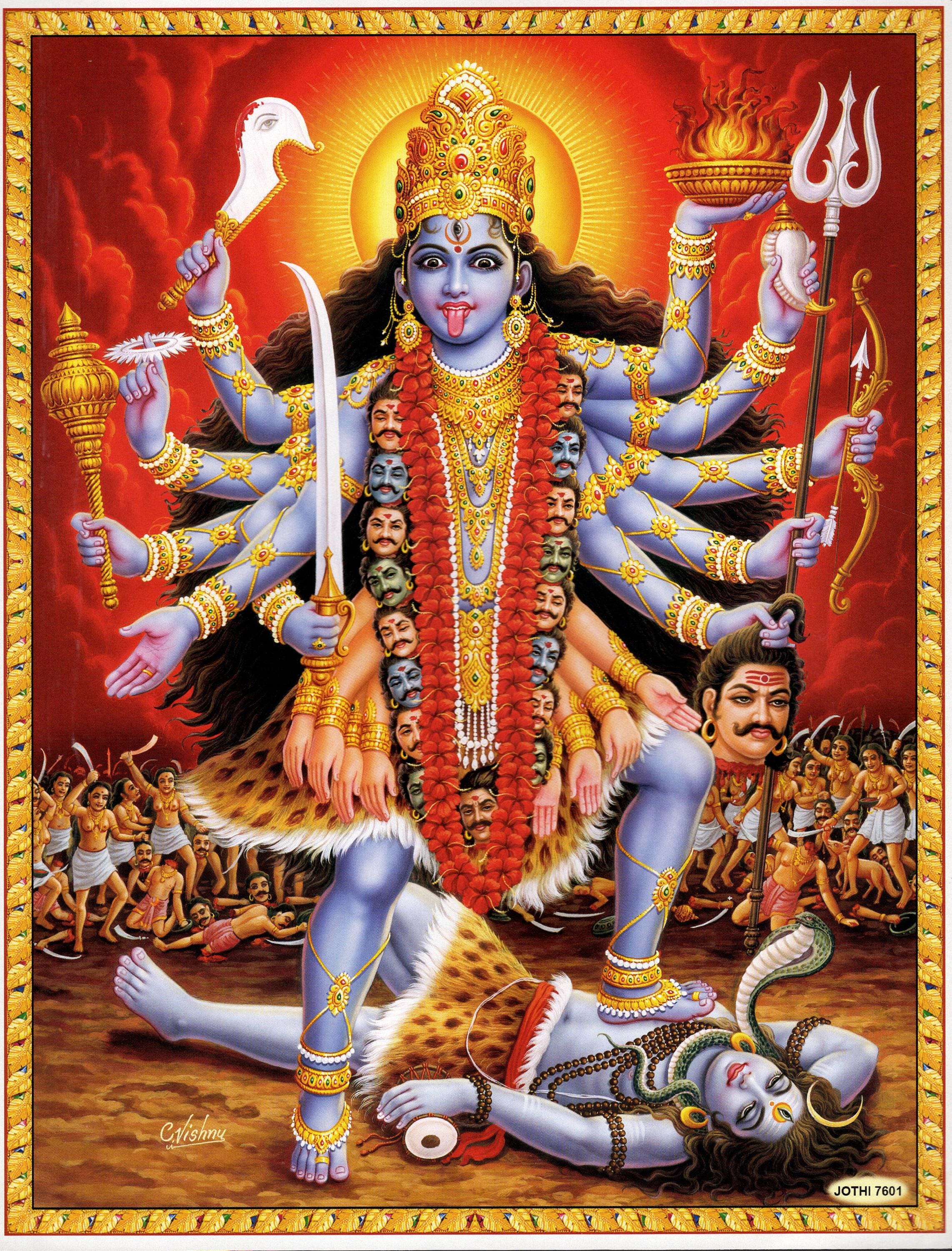 カーリー…ビンテージスタイルのインドのヒンドゥー教の信仰のプリント