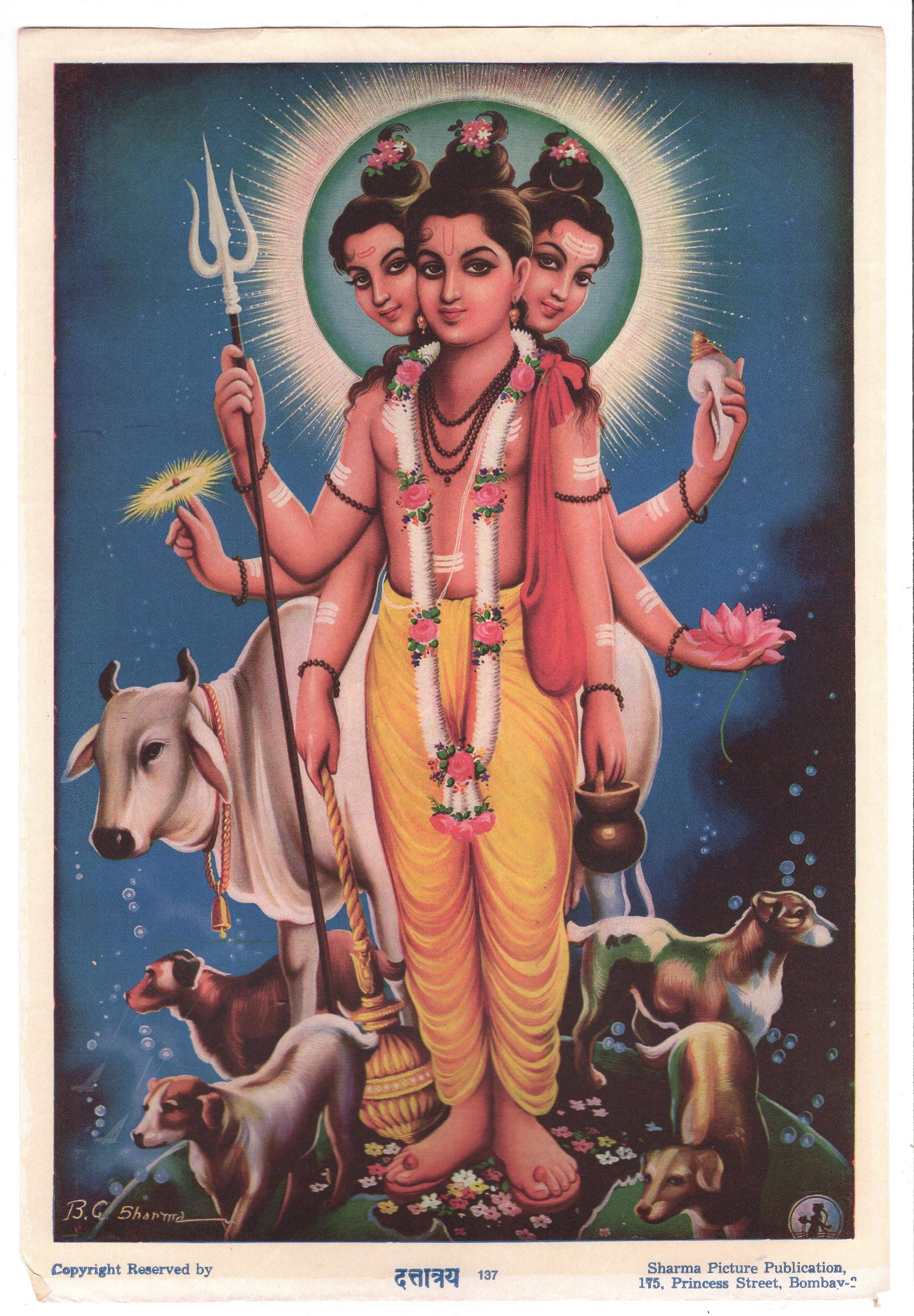 シヴァ神ダッタトレーヤ神ビンテージのインド版画の現代版画