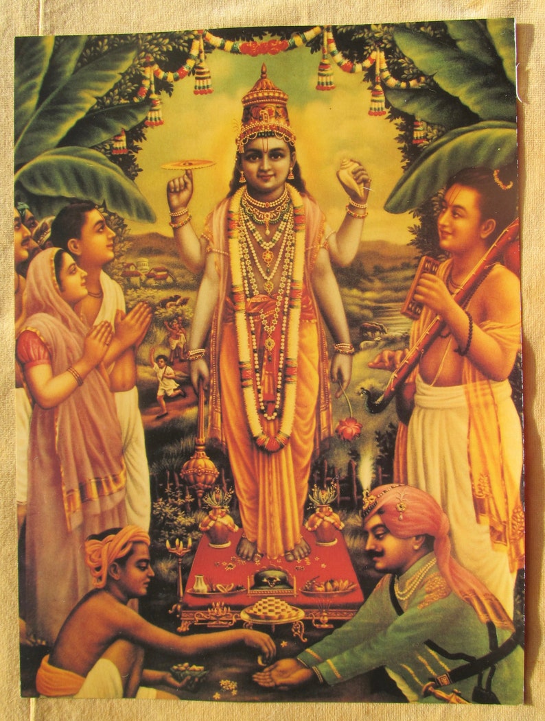 May include: A colorful painting depicting a Hindu deity, Vishnu, standing in a yellow robe with a garland of flowers and beads. He is surrounded by other figures, including a musician playing a stringed instrument. The painting is set against a backdrop of lush green foliage.