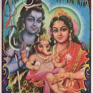 Shiva art ... Shiva, Parvati & Ganesh ... Vintage Indian devotional print