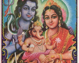 Shiva art ... Shiva, Parvati & Ganesh ... Vintage Indian devotional print