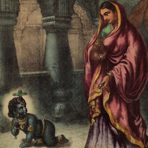 May include: A woman in a pink and gold sari stands in a doorway, looking down at a small, dark-skinned child crawling on the floor. The child is wearing a green leaf crown and jewellery.