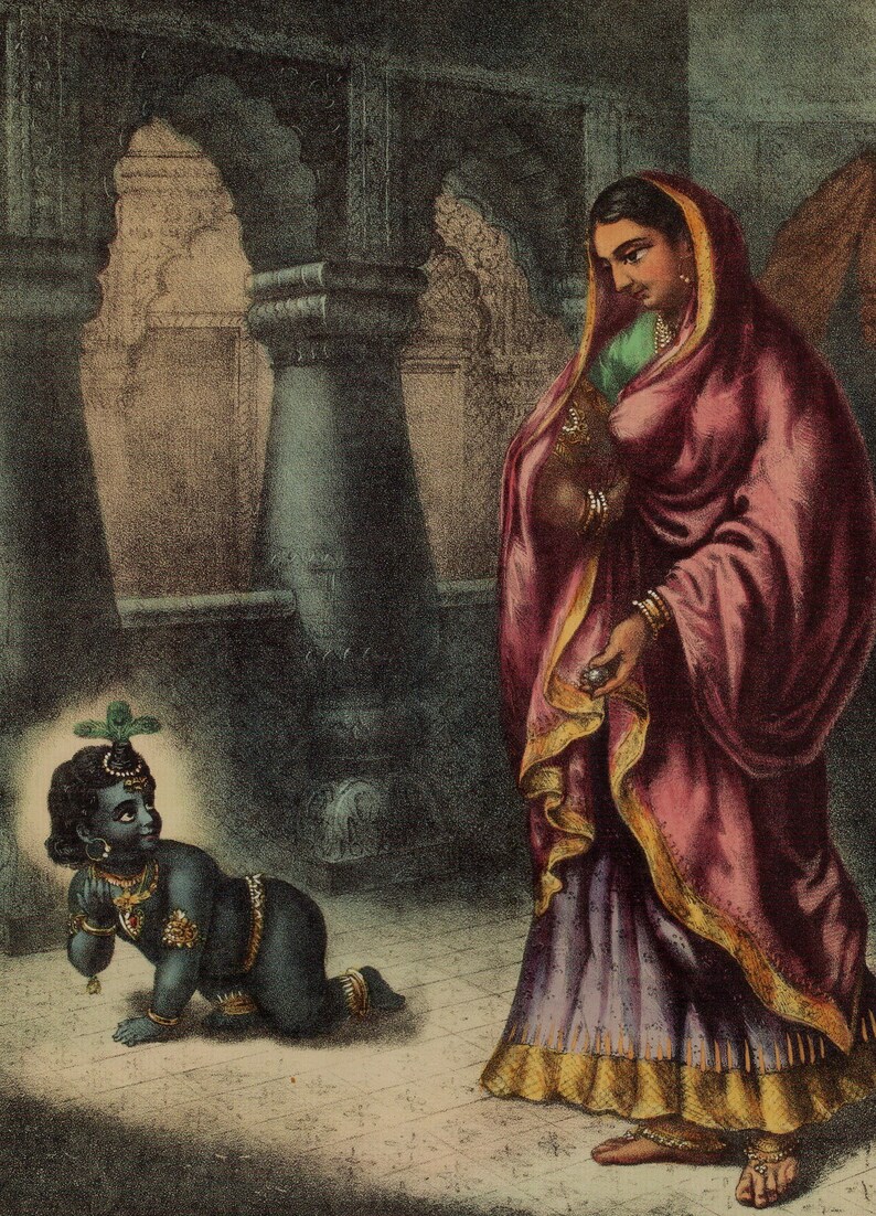 May include: A woman in a pink and gold sari stands in a doorway, looking down at a small, dark-skinned child crawling on the floor. The child is wearing a green leaf crown and jewellery.