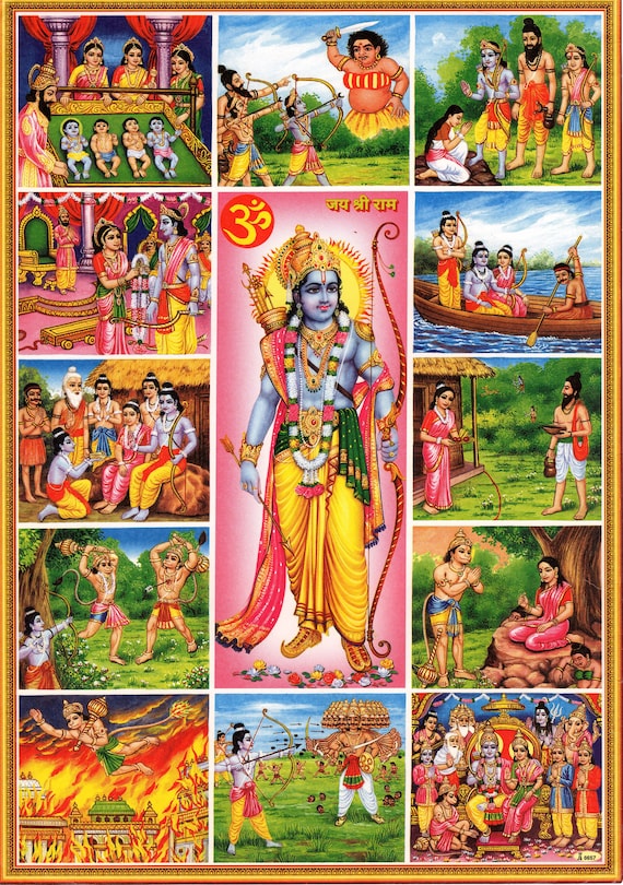Rama & Ramayana scenes  Large Vintage-style Indian Hindu devotional  poster print