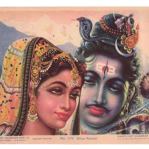 May include: Vintage print of Shiva Parvati, featuring a man and woman with detailed facial features and ornate headwear. The woman wears a yellow and gold head covering. The image has text at the bottom, including "No. 1174 Shiva Parvati."