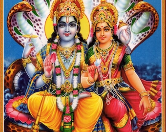 Vishnu and Laxmi - Large Vintage-style Indian Hindu Devotional poster print