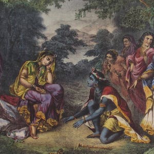 May include: A painting depicting a group of people in traditional Indian clothing. The scene is set in a forest with lush green trees and a blue sky. The figures are arranged in a semi-circle, with a woman in a blue and white dress standing in the centre. The woman is holding a flower in her hand and is looking at the viewer. The other figures are looking at the woman in the centre. The painting is done in a realistic style and is full of detail.