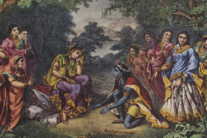 May include: A painting depicting a group of people in traditional Indian clothing. The scene is set in a forest with lush green trees and a blue sky. The figures are arranged in a semi-circle, with a woman in a blue and white dress standing in the centre. The woman is holding a flower in her hand and is looking at the viewer. The other figures are looking at the woman in the centre. The painting is done in a realistic style and is full of detail.