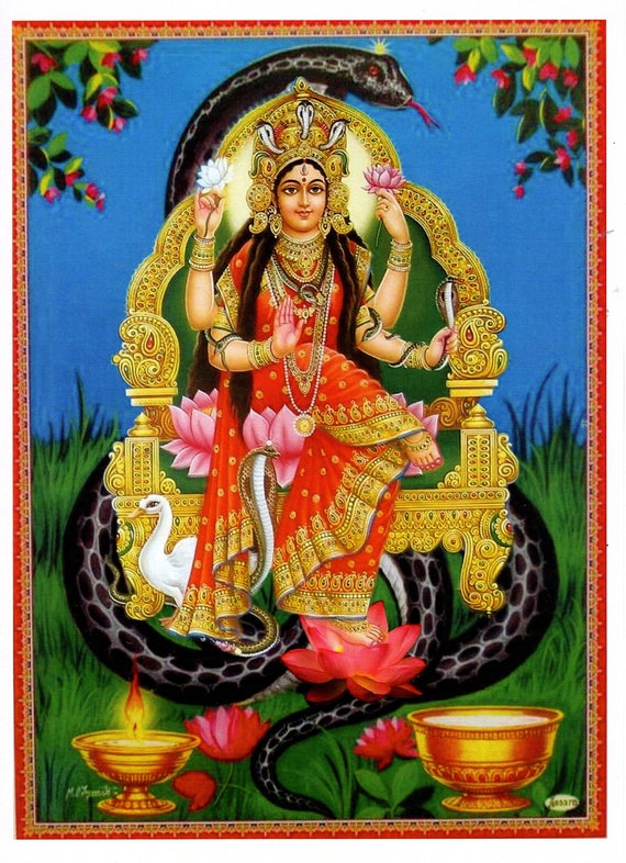 女神マナサ デヴィ  ビンテージ スタイルのインドのヒンドゥー教の