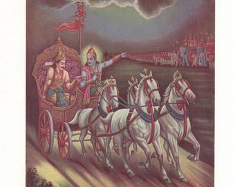 Krishna & Arjuna ... Contemporary reprint of vintage Indian print.