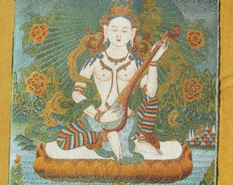 Saraswati - Très grande broderie sur tissu de soie tibétaine.