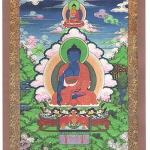 May include: A colourful painting depicting a seated Buddha with blue skin and an orange robe, set against a backdrop of clouds and mountains. The artwork features a green halo and is framed with a decorative border.