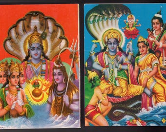 Vintage Indian Postcards x2 - Trimurti, Vishnu & Laxmi.