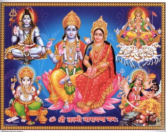 Vishnu & Lakshmi ... Antique-style Indian Hindu poster print