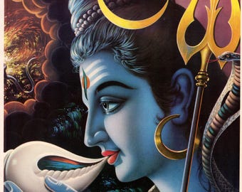 Shiva Vishpan... Plakat z indyjskimi, hinduistycznymi motywami religijnymi w stylu vintage